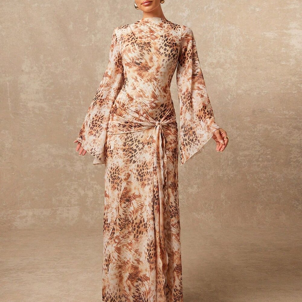 Multicolor Casual Women's Tie-Dye Leopard Print Mesh V-Neck Dress - Picture 3 of 7